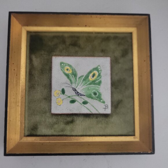 Vintage 1970's Enamel on Copper Butterfly Framed Image - Picture 1 of 4